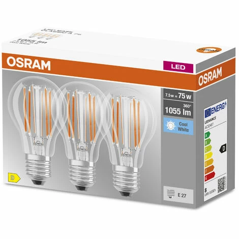 OSRAM LED BASE Classic A75, klare Filament LED-Lampen aus Glas für E27 Sockel, Birnenform, Kaltweiß (4000K), 1055 Lumen, Ersatz für herkömmliche 75W-Glühbirnen, 3er-Box OSRAM LED BASE Classic A75, Klare Filament LED-Lampen Aus Glas Für E27 Sockel, Birnenform, Kaltweiß (4000K), 1055 Lumen, Ersatz Für Herkömmliche 75W-Glühbirnen, 3er-Box -OSRAM Shop 54883560 2