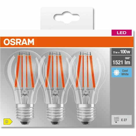 OSRAM LED BASE Classic A100, klare Filament LED-Lampen aus Glas für E27 Sockel, Birnenform, Kaltweiß (4000K), 1521 Lumen, Ersatz für herkömmliche 100W-Glühbirnen, 3er-Box OSRAM LED BASE Classic A100, Klare Filament LED-Lampen Aus Glas Für E27 Sockel, Birnenform, Kaltweiß (4000K), 1521 Lumen, Ersatz Für Herkömmliche 100W-Glühbirnen, 3er-Box -OSRAM Shop 54883572 3