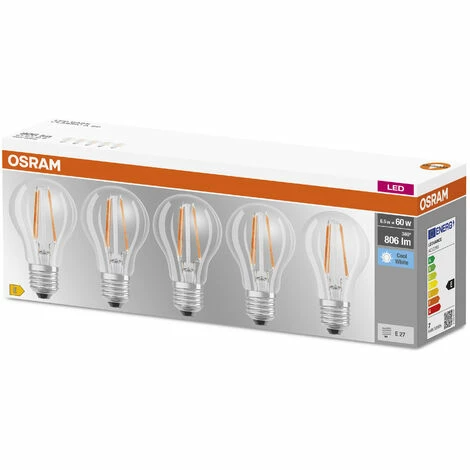 OSRAM LED BASE Classic A60, klare Filament LED-Lampen aus Glas für E27 Sockel, Birnenform, Kaltweiß (4000K), 806 Lumen, Ersatz für herkömmliche 60W-Glühbirnen, 5er-Box OSRAM LED BASE Classic A60, Klare Filament LED-Lampen Aus Glas Für E27 Sockel, Birnenform, Kaltweiß (4000K), 806 Lumen, Ersatz Für Herkömmliche 60W-Glühbirnen, 5er-Box -OSRAM Shop 57178047 2